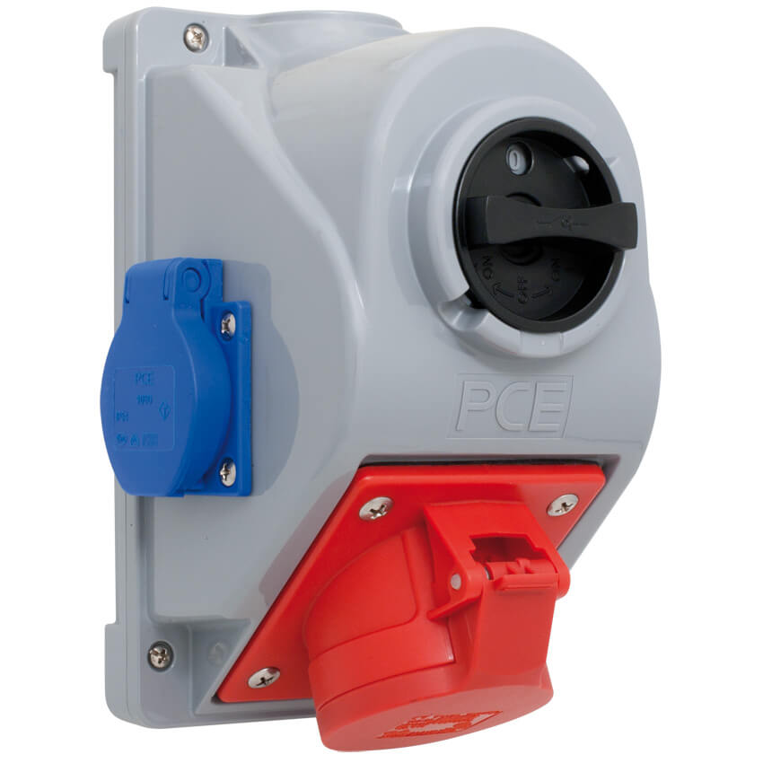 CEEWandsteckdose mit Hauptschalter und 2 SchutzkontaktSteckdosen, 5polig, 400V, mit