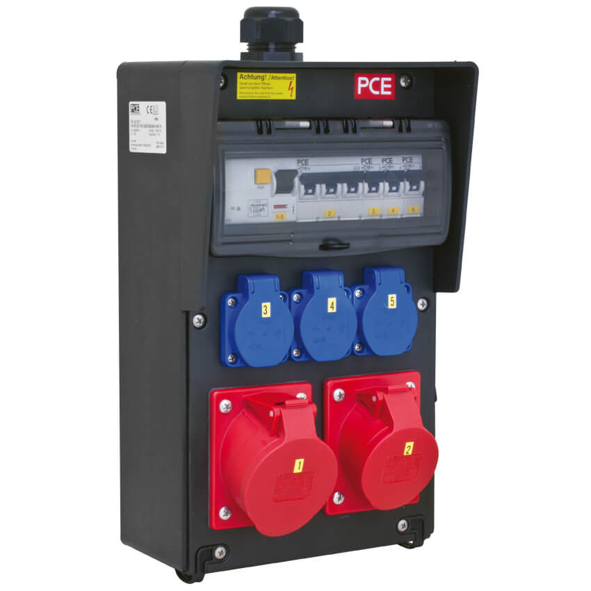 CEE-Steckdosenverteilung,  FURT, Vollgummi, Ausgang: 3 x Schutzkontakt-Steckdosen, 1 x 32A CEE, 1 x 16A CEE