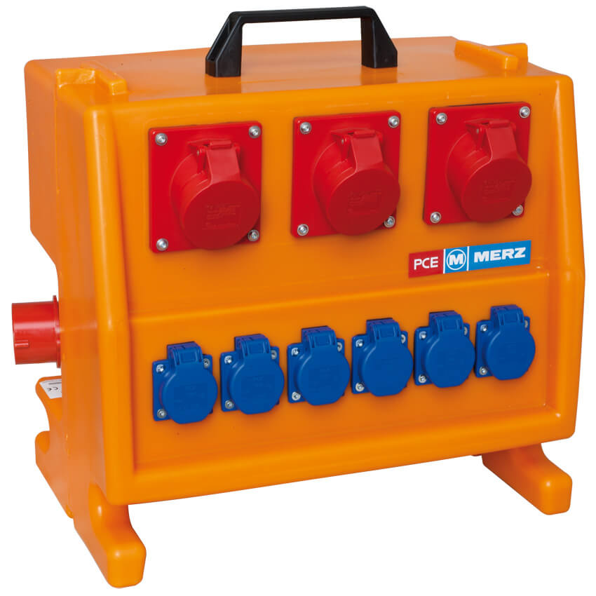 Mobile CEE- Steckdosenverteilung, 11kVA, Eingang: 16A CEE, Ausgang: 3 x 16A CEE, 6 x Schutzkontakt-Steckdosen