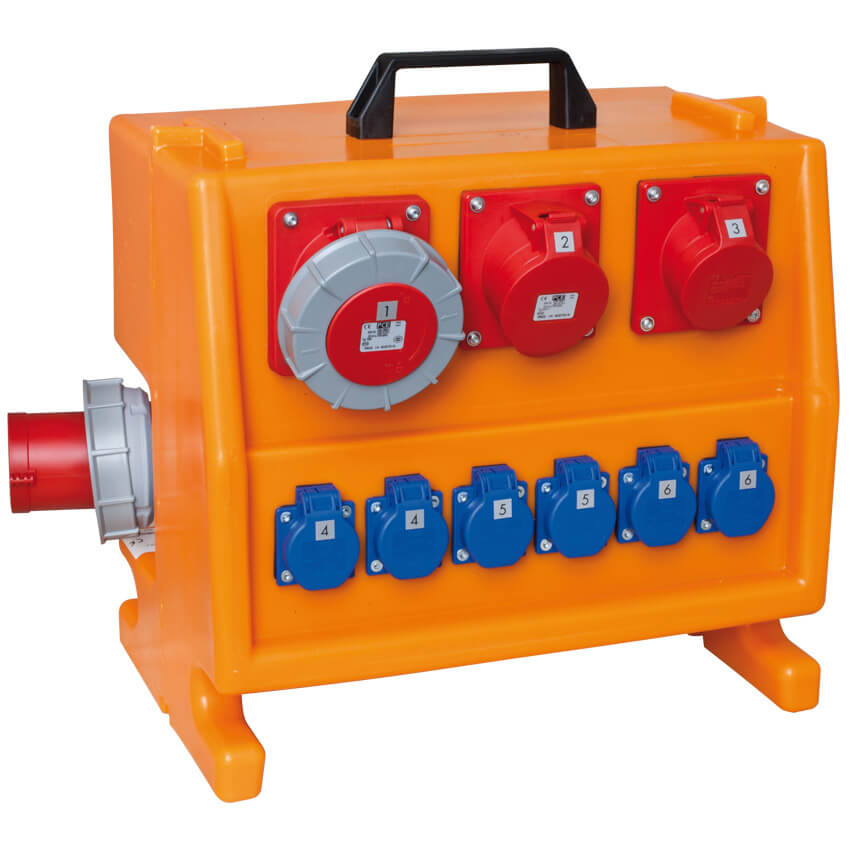 Mobile CEE- Steckdosenverteilung, 44kVA, Eingang: 63A CEE, Ausgang: 1 x 16A CEE, 1 x 32A CEE, 1 x 63A CEE, 6 x Schutzkontakt-Steckdosen