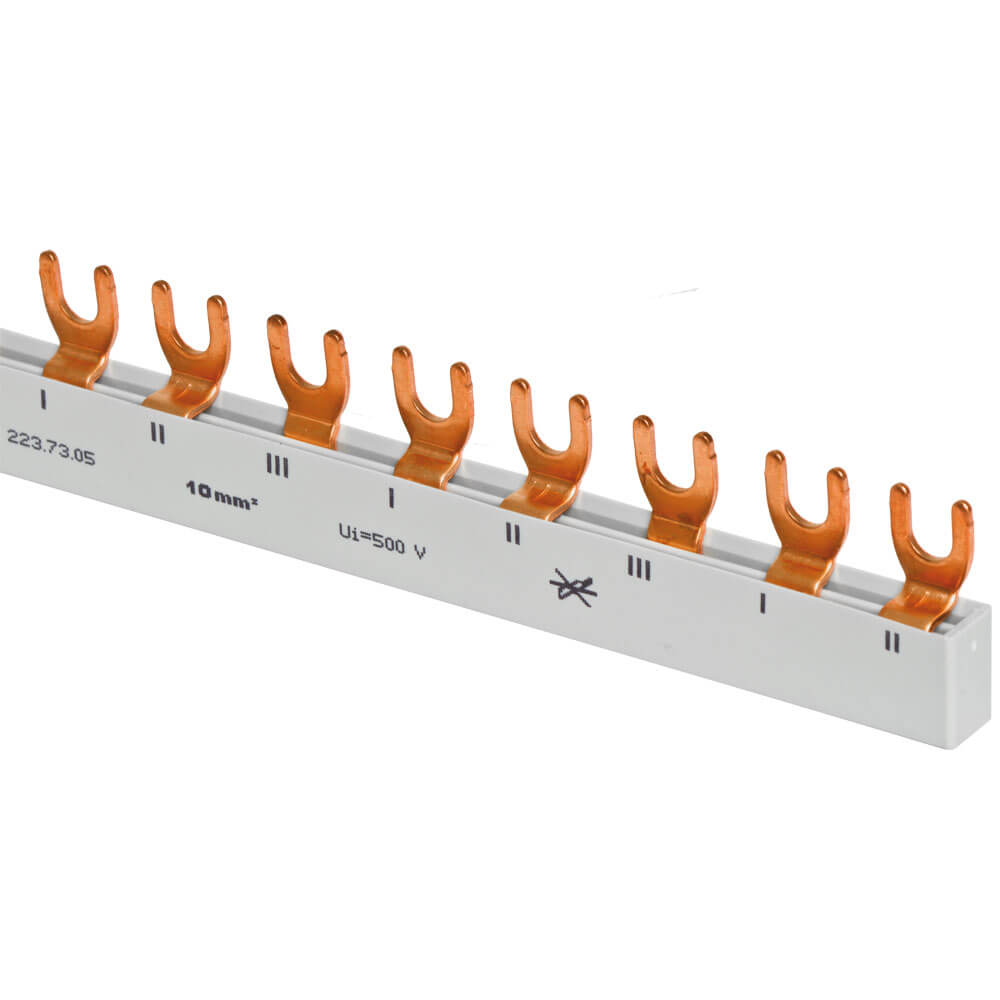 MINILINE-SYSTEM, Gabel-Phasenschiene, 10 mm, 3-polig, L-Form, fr 1 4-pol. FI-Schalter und 5, 6 bzw 8 LS-Schalter