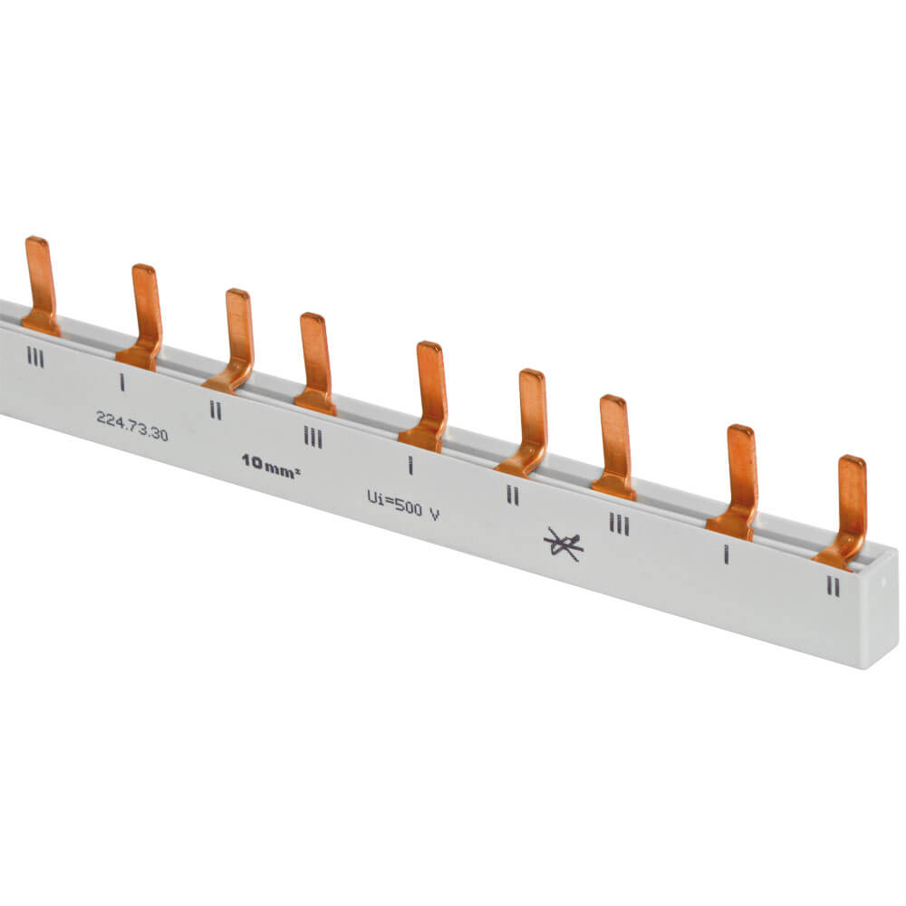 MINILINE-SYSTEM, Steg-Phasenschiene, 10 mm, 3-polig, L-Form, fr 1 4-pol. FI-Schalter und 8 LS-Schalter