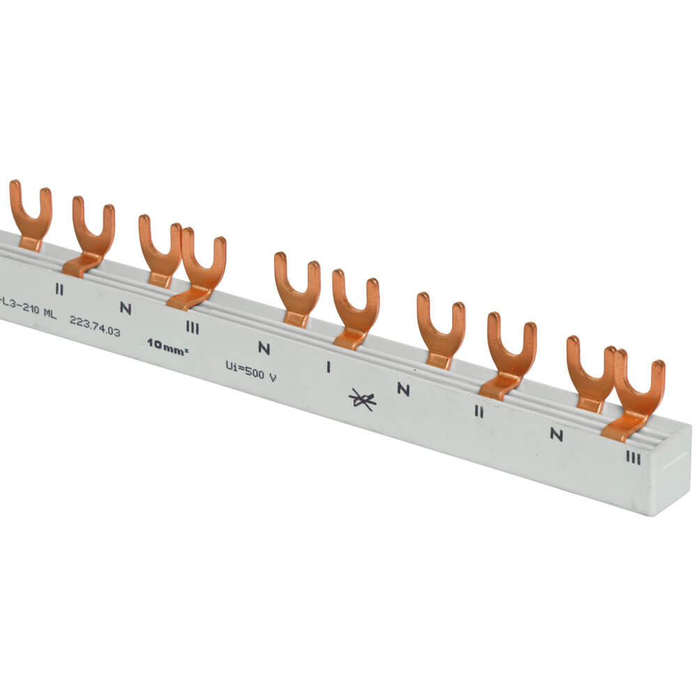 MINILINE-SYSTEM, Gabel-Phasenschiene, 10 mm, 4-polig, L-Form, fr 6 2-pol. FI+FI/LS-Schalter