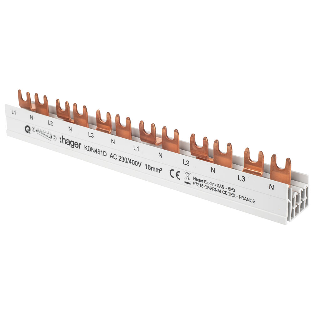 Gabel-Phasenschiene, 16mm, 3-polig +N, T-Form, fr 6 x 2 polige FI oder FI/LS+N