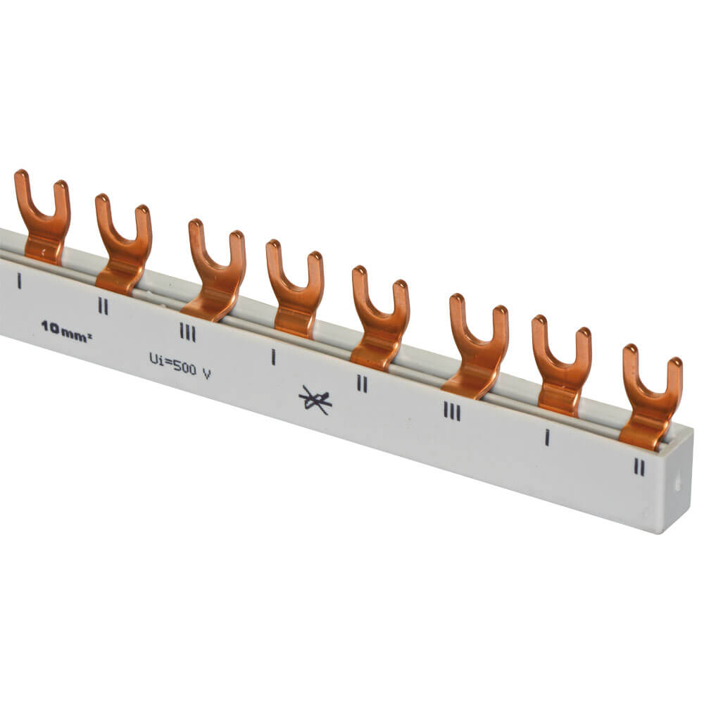 MINILINE-SYSTEM, Gabel-Phasenschiene, 10 mm, 3-polig, L-Form, fr 1 4-pol. FI-Schalter und 5, 6 bzw 8 LS-Schalter