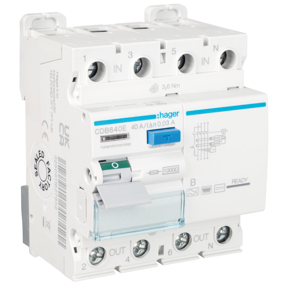 allstromsensitiver FI-Schutzschalter, CDB640E, 4-polig, 40A/0,03, Typ B, 4 TE