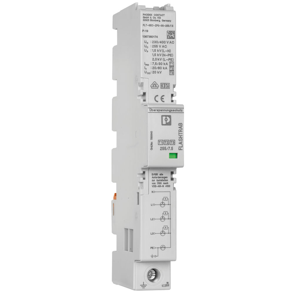 Kombi-Blitz-/berspannungsableiter, PHOENIX CONTACT, FLT-SEC-ZP2-3S-255/7.5, fr WG ohne ueren Blitzschutz, fr Sammelschiene