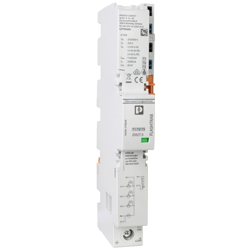 Kombi-Blitz-/�berspannungsableiter, PHOENIX CONTACT, mit einem abgesicherten Spannungsabgriff FLT-SEC-ZP2-3S-255/7.5-SV f�r Sammelschiene 