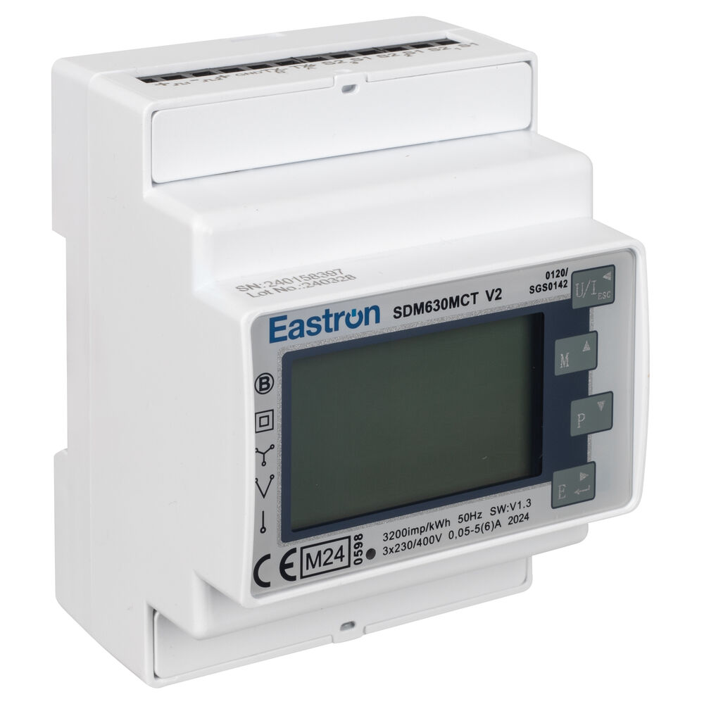 Messwandlerzhler, EASTRON-SDM630MCT V2, fr Drehstrom, dreiphasig, 1+3 x 230V-AC 5(6)A, mit LCD-Zhlwerk, MID-Konformittserklrung, 2-Richtungszhler