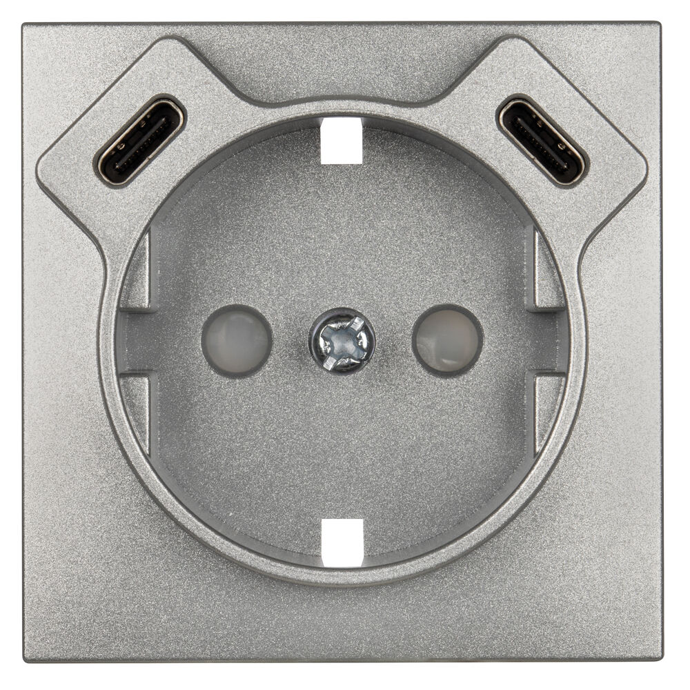 Zentralplatte, f�r Schutzkontaktsteckdose, 2 x USB-C, mit Ber�hrungsschutz, LOGUS 90, alu-silber
