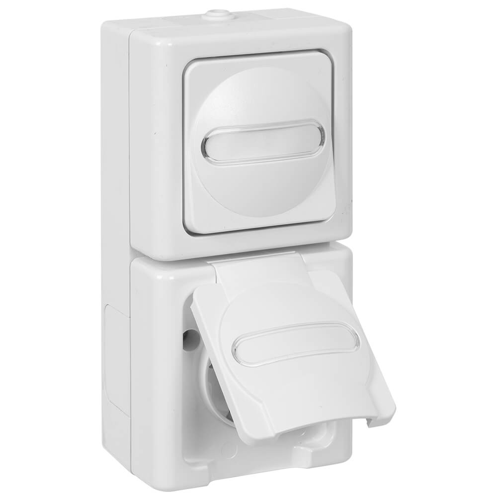 AP/FR, BLUE ELECTRIC, Wechsel-Schalter/Steckdose, senkrecht, arktiswei