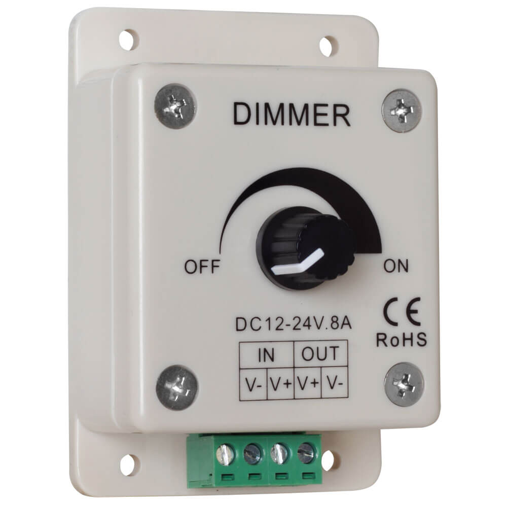 LED-Dimmer mit Poti, für Flexstreifen, Anschluss sekundär am Netzteil, 12-24V-DC, 8A, 96/198VA