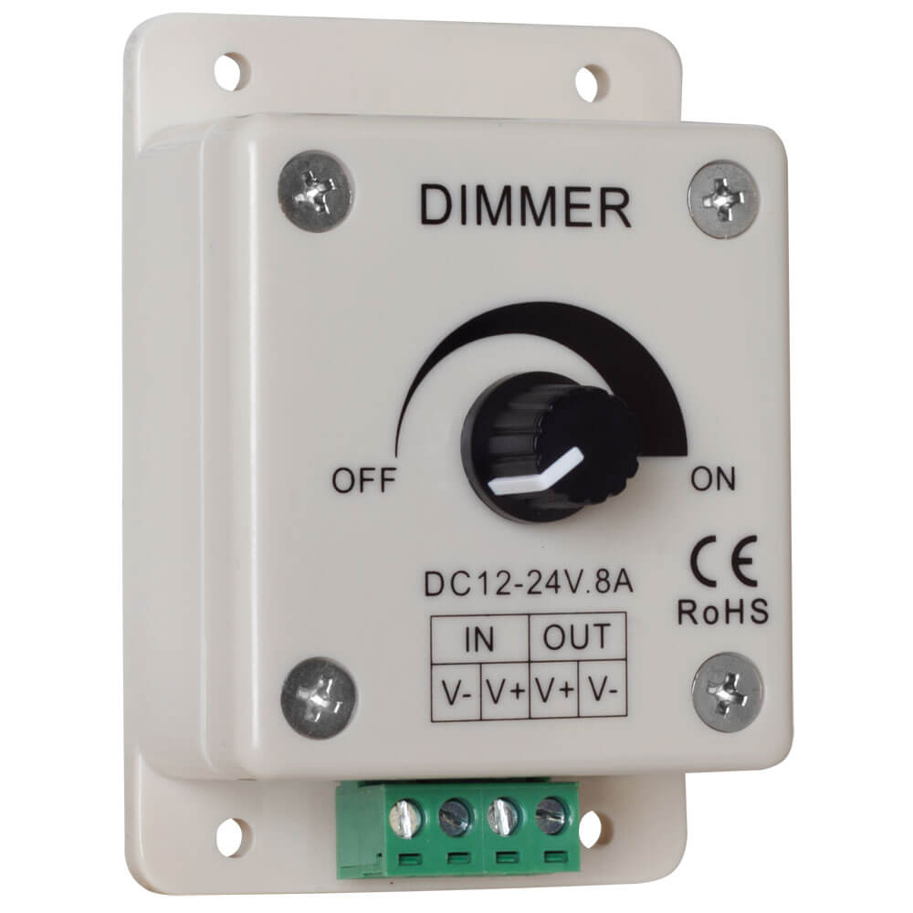 LED-Dimmer mit Poti, fr Flexstreifen, Anschluss sekundr am Netzteil, 12-24V-DC, 8A, 96/198VA