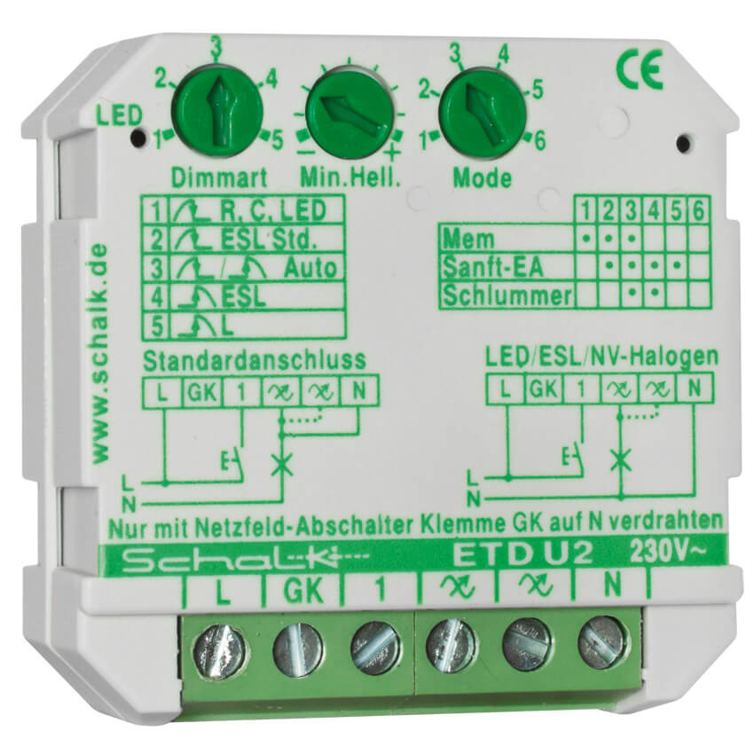 Einbau-Tastdimmer,  ETD U2, 0 - 500W oder LED 0 - 400W, Phasenan- und abschnitt