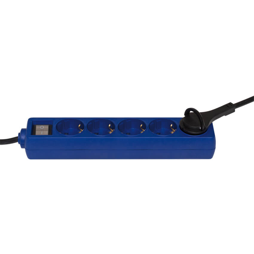 Mehrfachsteckdose, 5-fach, H05 VV-F 3G x 1,5,  blau, mit Schalter, mit Hebelgriff