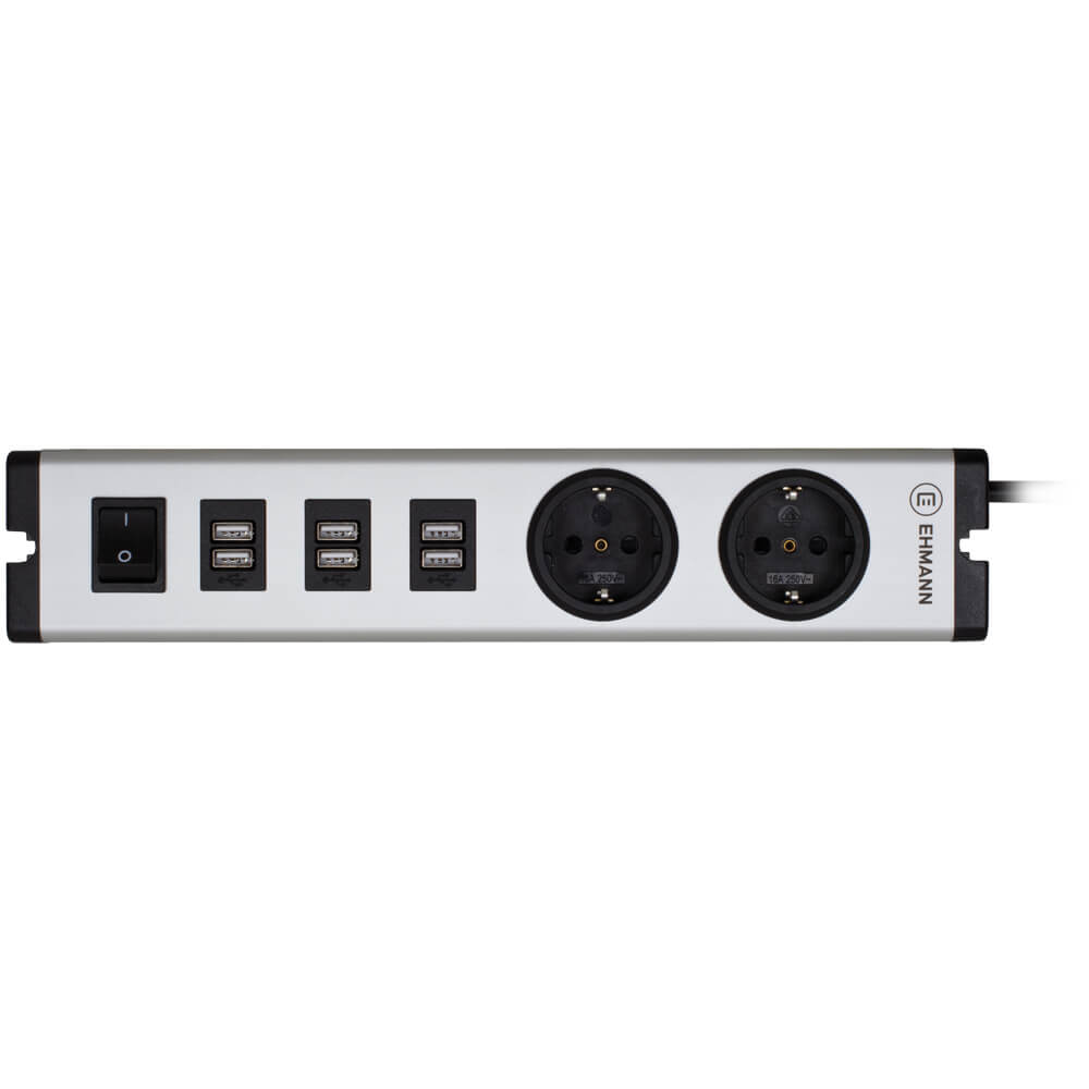 Steckdosenleiste, 2-fach, 3 x 1,5, 3 m, 6 x USB-Ausgang 5V/je max. 2,4A, grau/schwarz, mit Schalter