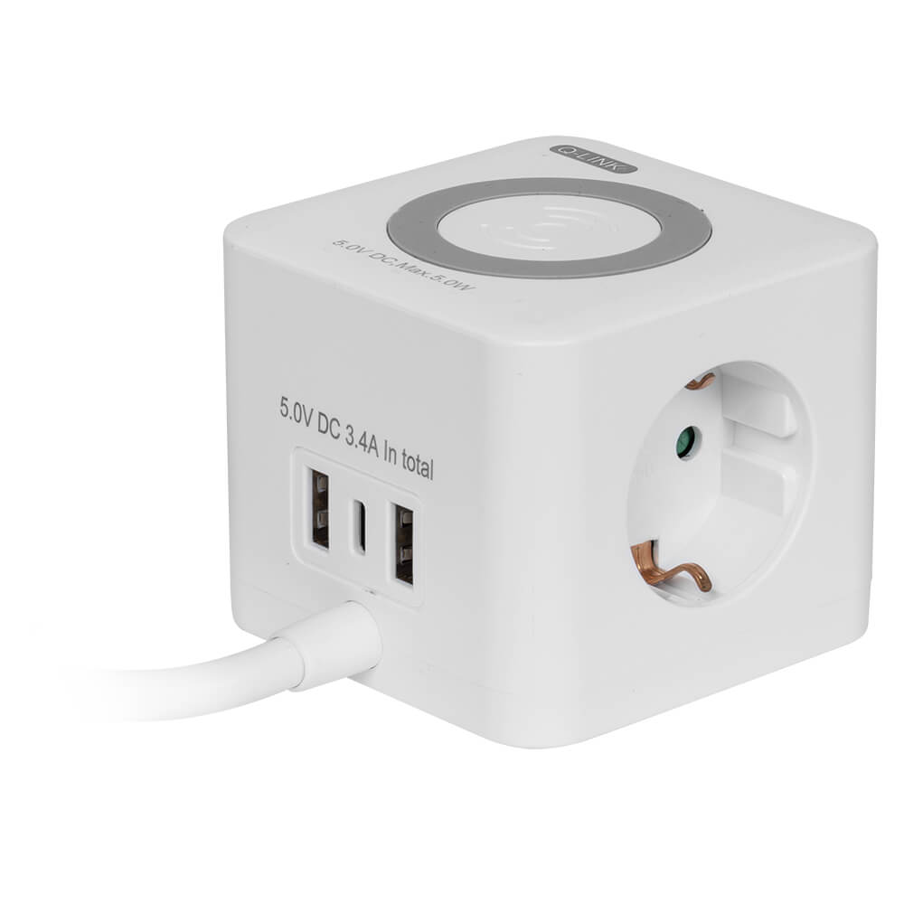 Steckdosenwrfel, 3-fach, 3 x 1,5, 1,5 m, 2 x USB-A, 1 x USB-C, Induktion