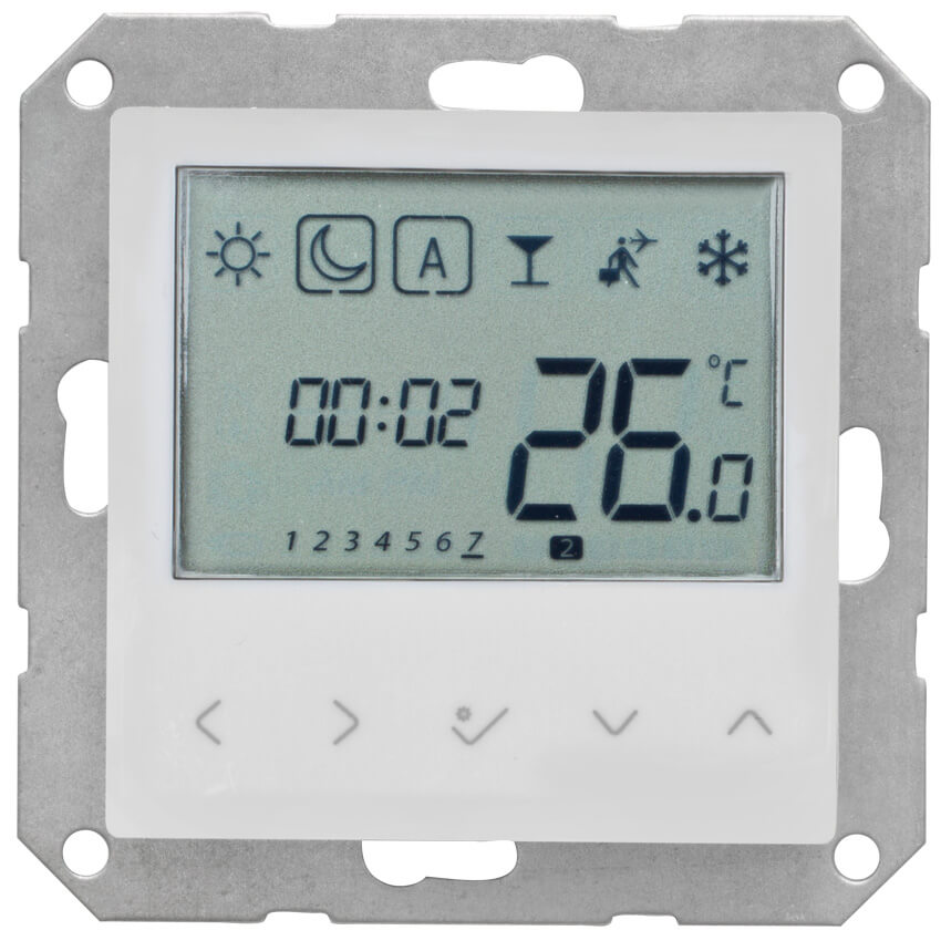 Kombi-Raumthermostat, elektronisch, 230V/0,5A, Zentralplatte 55 x 55 mm, LCD-Display, reinwei