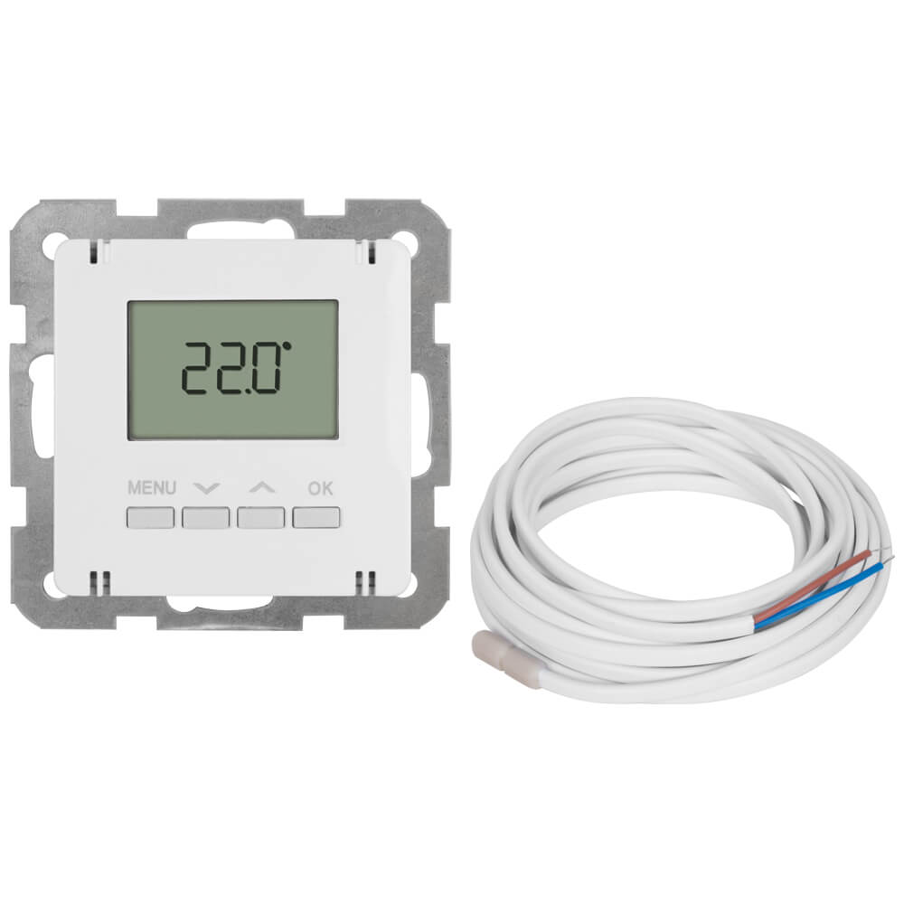 Kombi-Raumthermostat, elektronisch, Zentralplatte 55 x 55 mm, LCD-Display, mit Fernfhler (3 m), reinwei