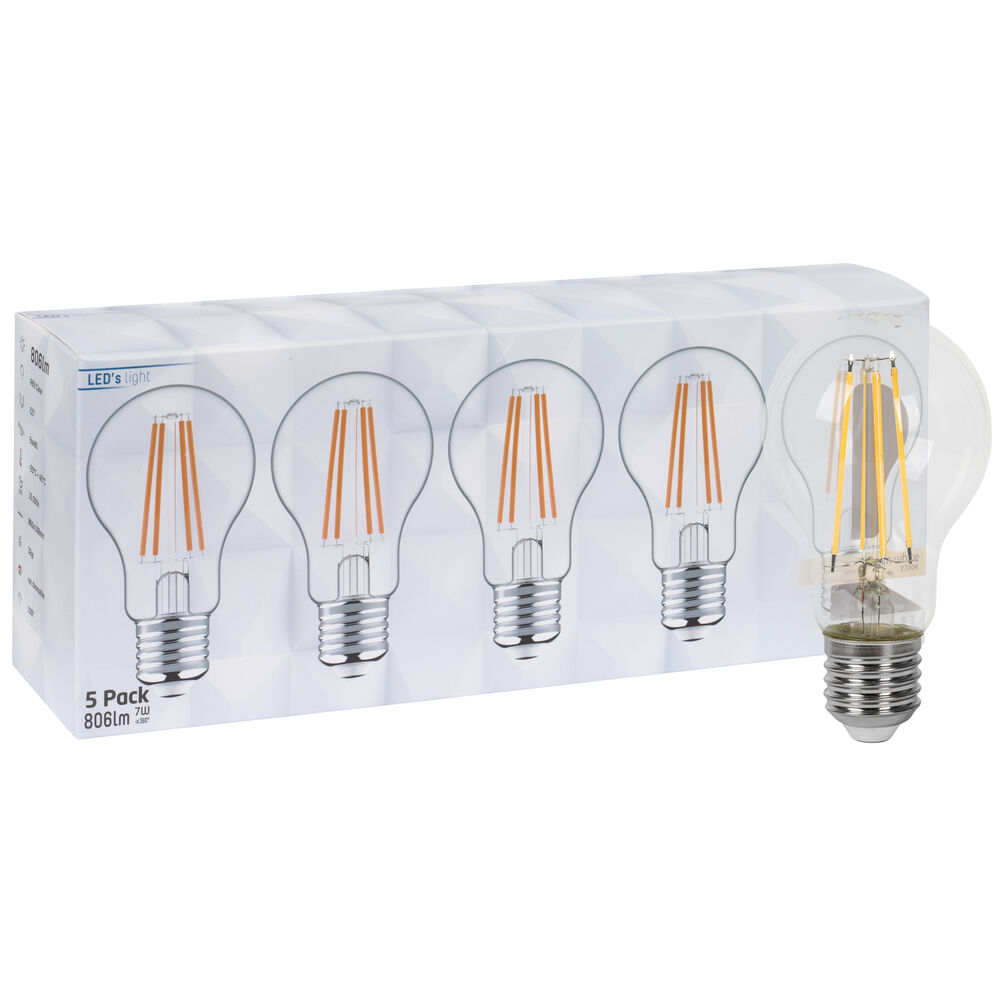 LED-Filament-Lampe, 5er-Set, AGL-Form, klar, E27/7W (60W), 806 lm, 2700K  