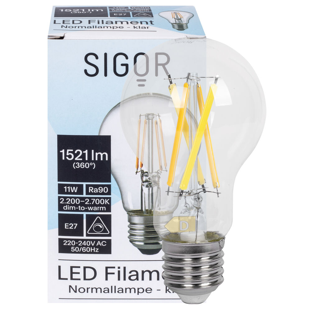 LED-Filament-Lampe, AGL-Form, klar, E27/11W (100W), 1.521 lm, 2700K bis 2200K