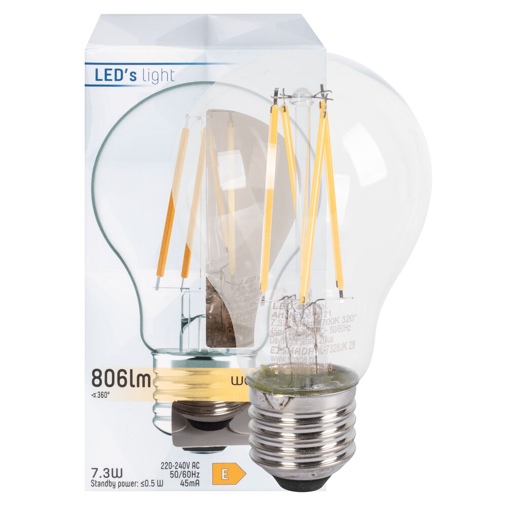 LED-Filament-Lampe, AGL-Form, klar, E27/7,3W, 806 lm, 2700K, mit Dmmerungssensor