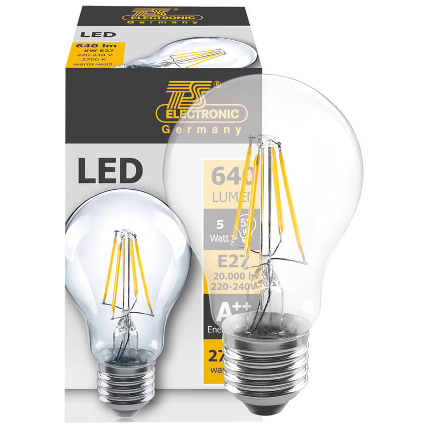 LED-Fadenlampe, AGL-Form, E27/5W, klar, 640 lm, 2700K