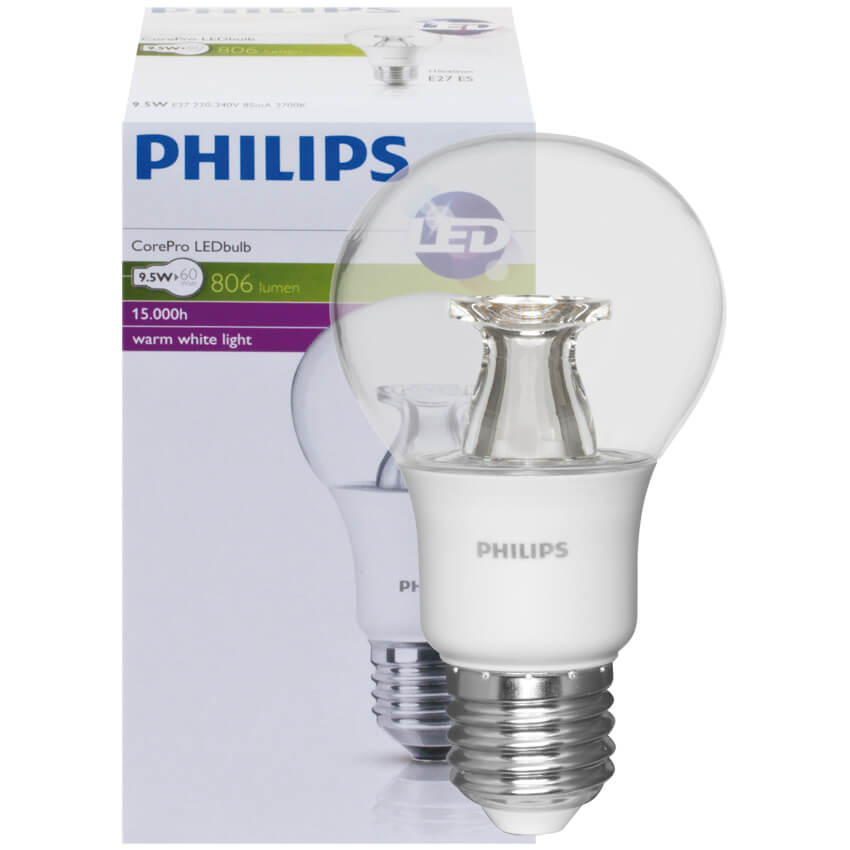 LED-Lampe, AGL-Form, COREPRO LEDBulb, E27/230V/9,5W, klar,  806 lm, 2700K, L 110,  60