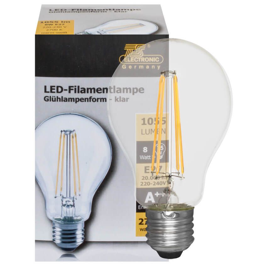 LED-Filament-Lampe,  AGL-Form, klar,  E27, 2700K