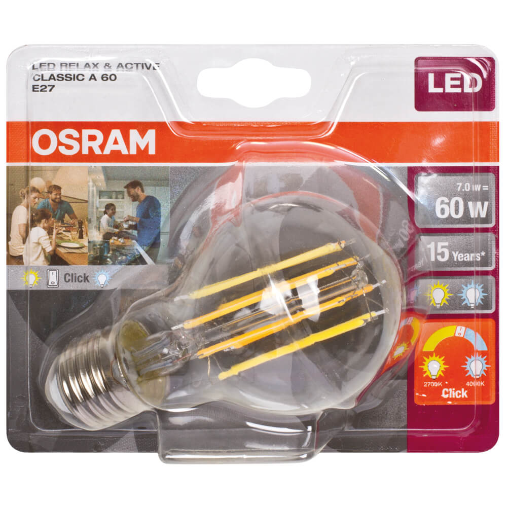 LED-Filament-Lampe, CLASSIC A, RELAX & ACTIV, AGL-Form, klar, E27/7W (60W), 806 lm, 2700K + 4000K