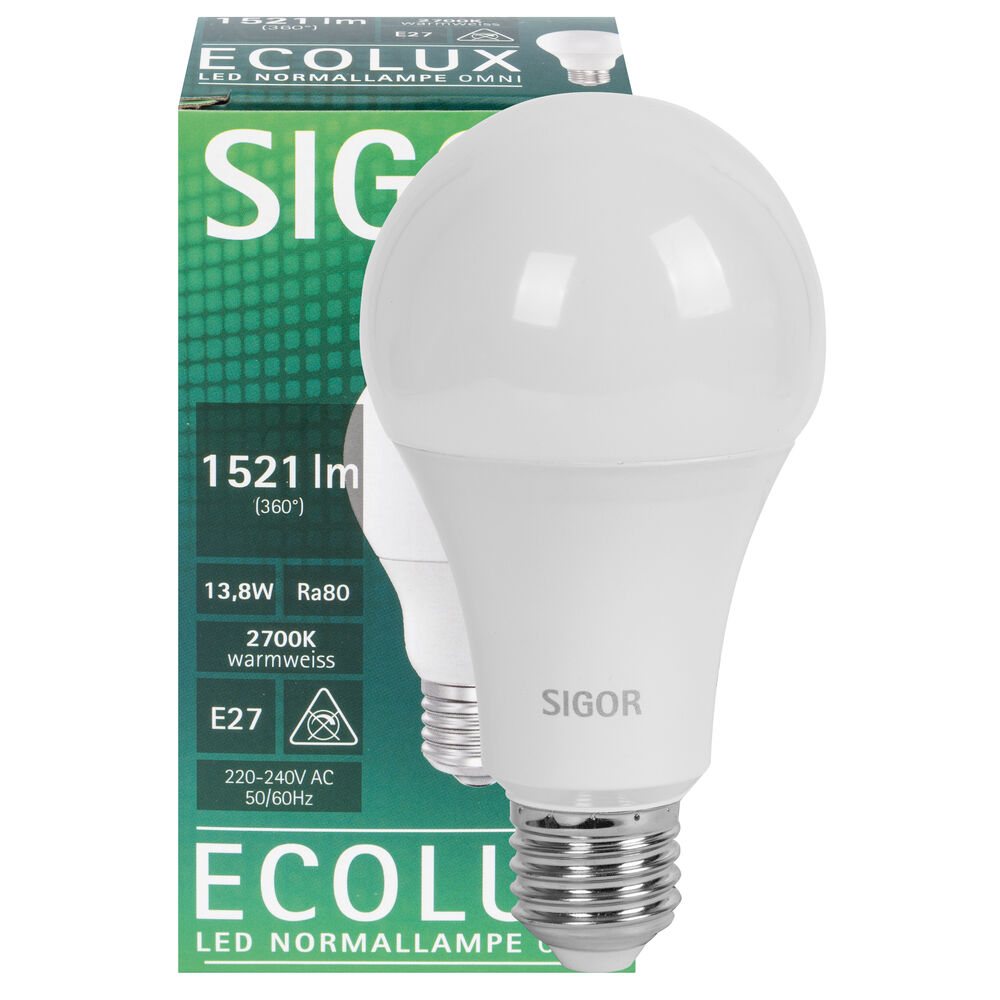 LED-Lampe, ECOLUX, AGL-Form, E27/13,8W (100W), 1.521 lm, 2700K