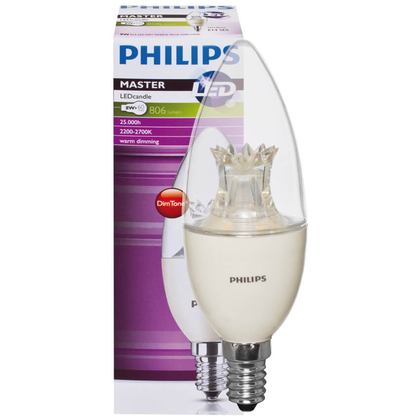 LED-Lampe, MASTER LEDcandle, DimTone, Kerzen-Form, klar, E14, 8W (60W), 806 lm 2700K bis 2200K