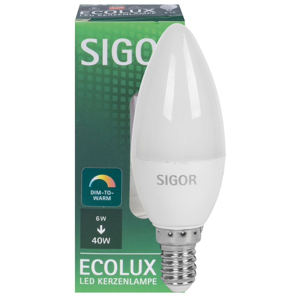 LED-Lampe, ECOLUX, Kerzen-Form, opal, E14/5,5W, 470 lm, 2700K bis 2200K