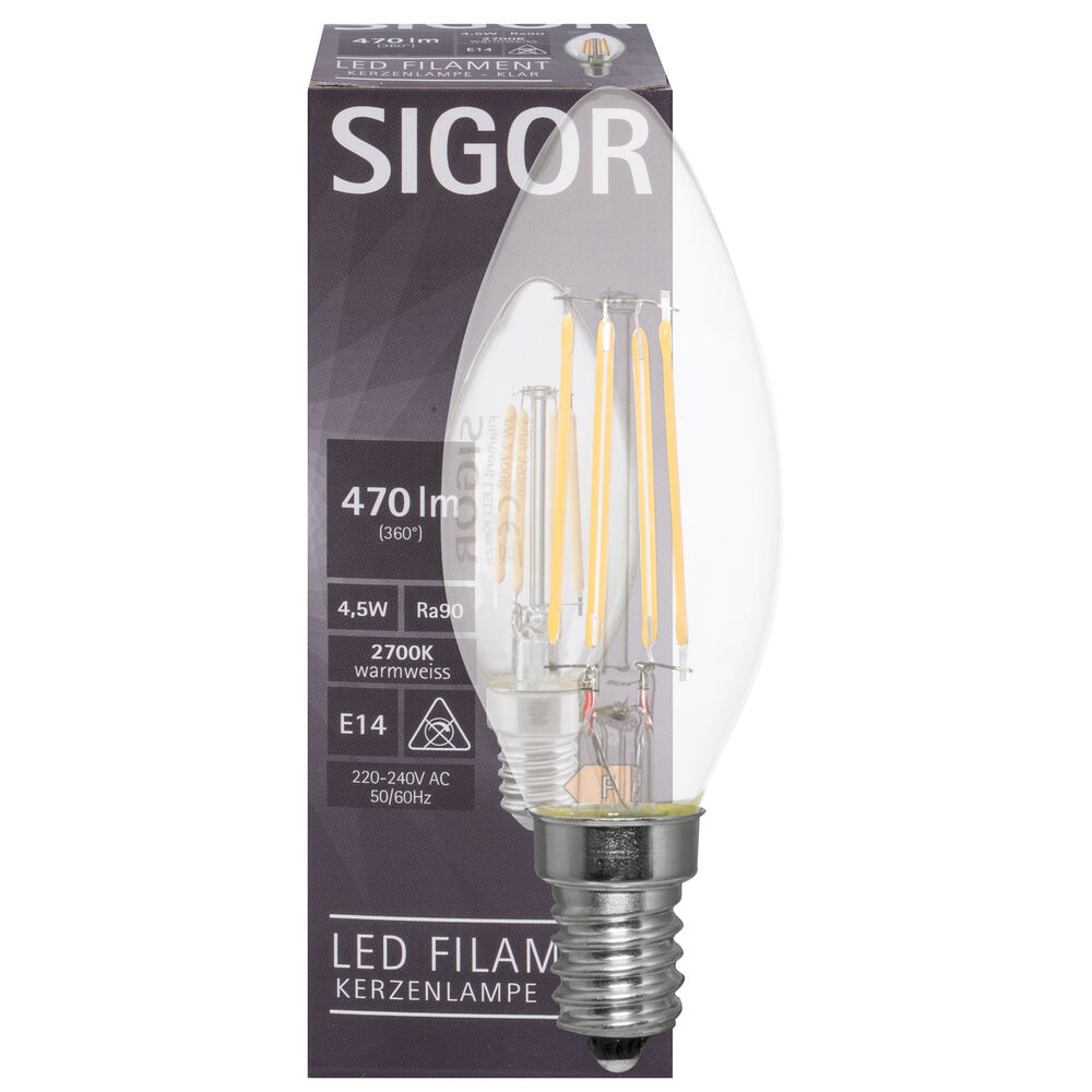 LED-Filament-Lampe, Kerzen-Form, klar, E14/4,5W (40W), 470 lm, 2700K
