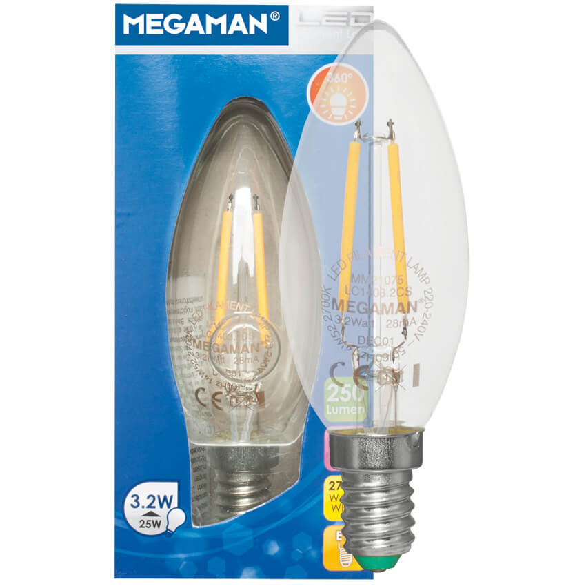 Filament-LED-Lampe,  Kerzen-Form, klar,  E14/230V/3,2W, 250 lm