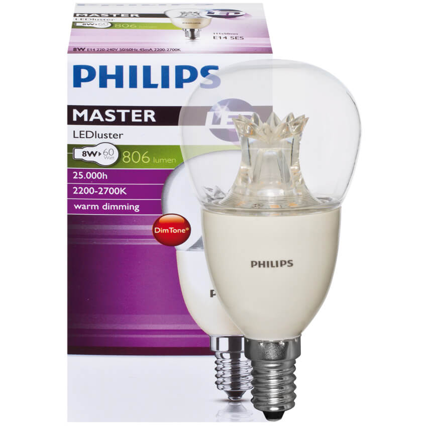 LED-Lampe, MASTER LEDluster DimTone, Tropfen-Form, klar, E14/8W (60W), 806 lm, 2700K - 2200K