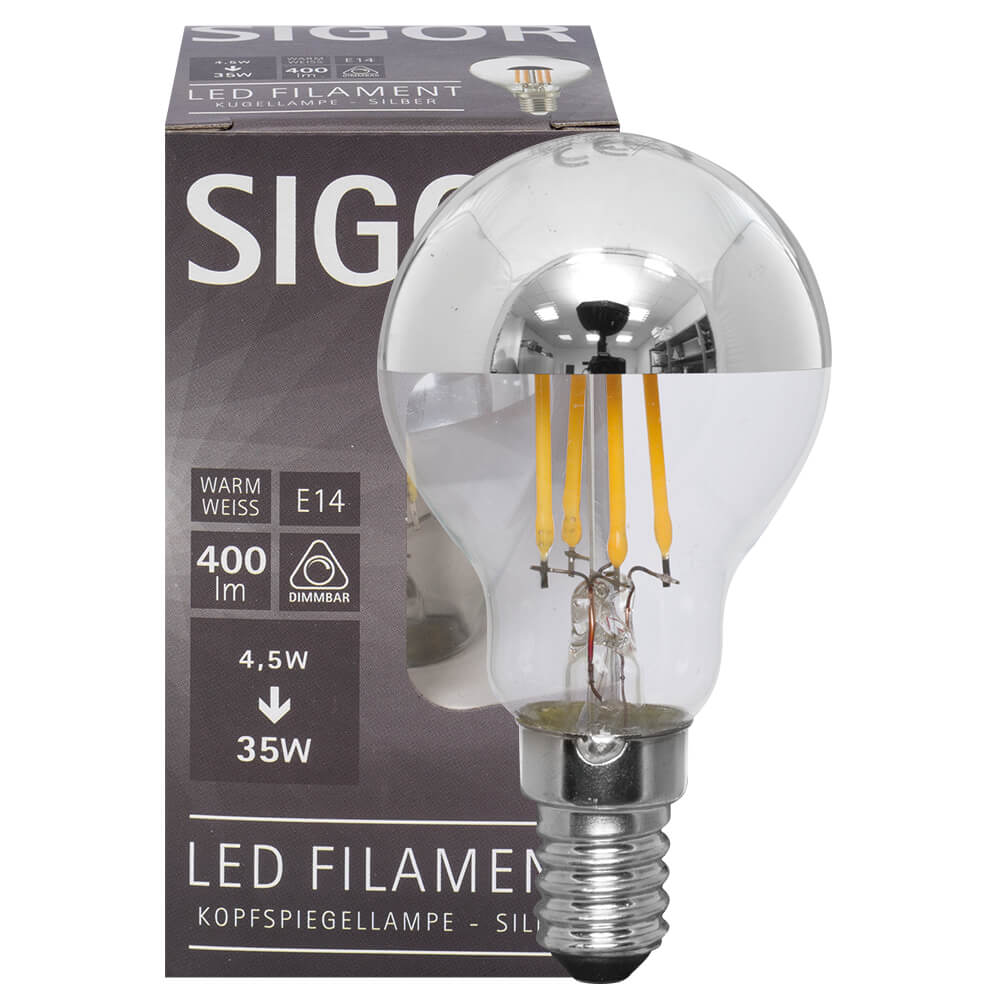LED-Filament-Lampe, Tropfen-Form, silber verspiegelt, E14/4,5W (35W), 400 lm, 2700K