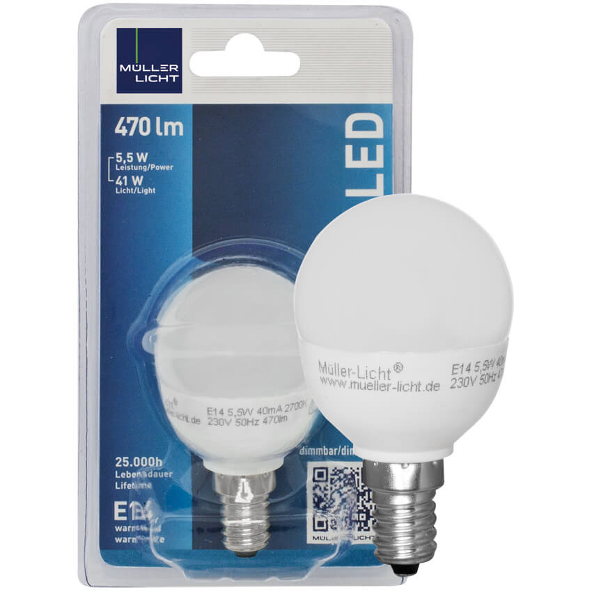 LED-Lampe, Tropfen-Form, matt, E14/5,5W (40W), 470 lm, 2700K
