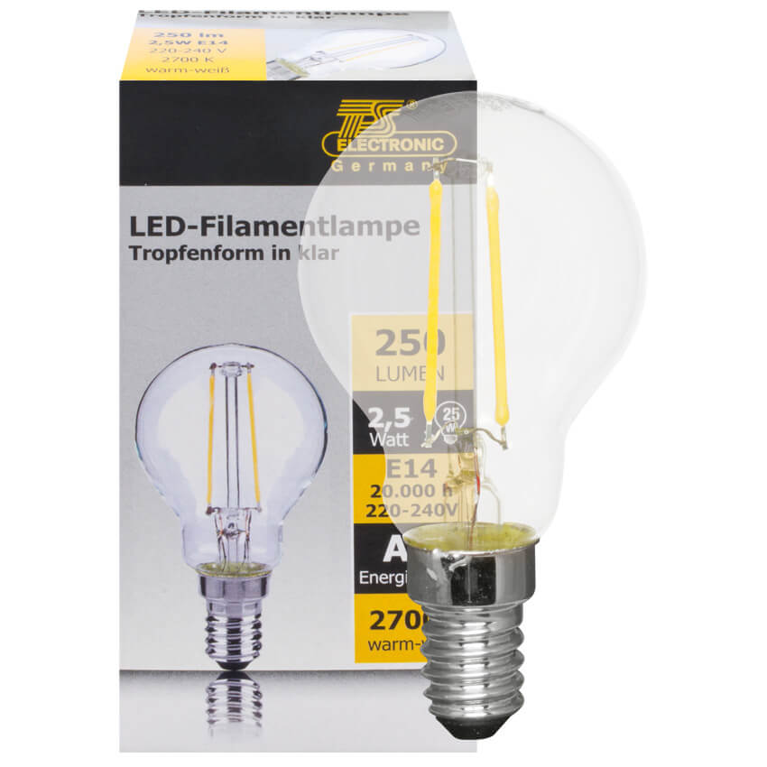 LED-Filament-Lampe,  Tropfen-Form, klar, E14/2,5W, 2700K, 250 lm