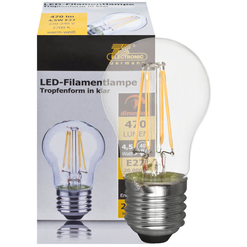 LED-Filament-Lampe,  Tropfen-Form, klar,  E27/4,5W, 470 lm