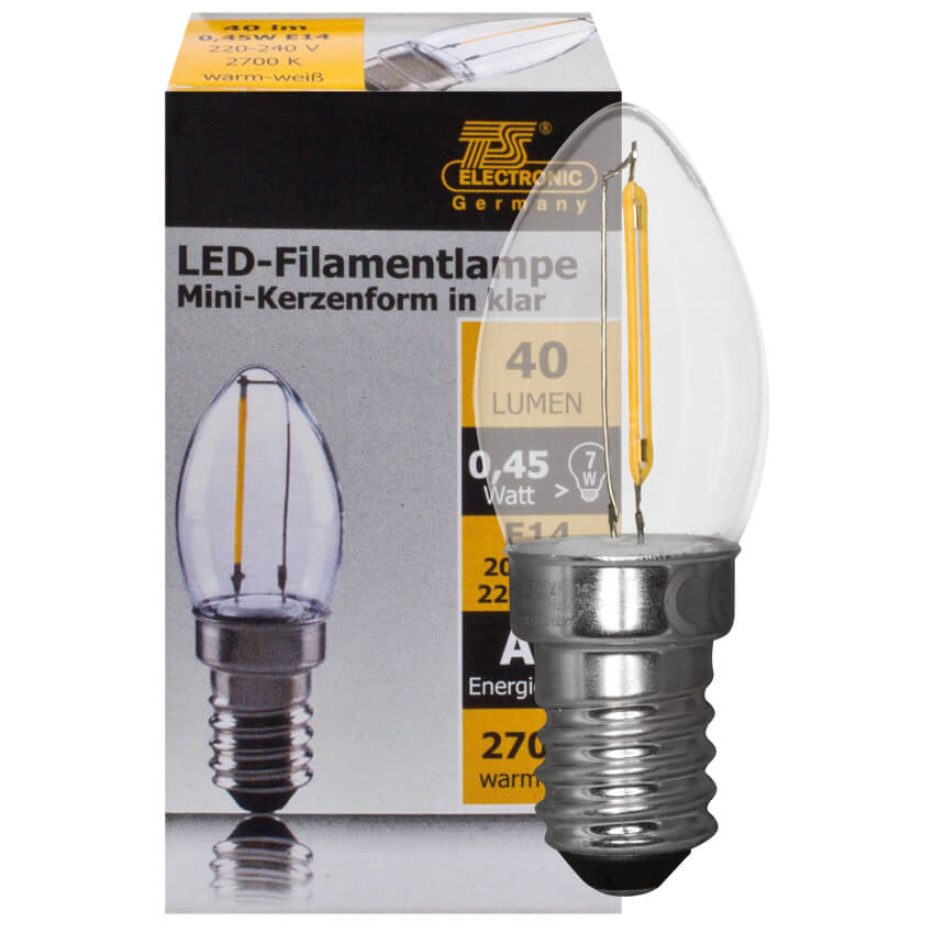 LED-Filament-Lampe,  Minikerzen-Form, klar,  E14/0,45W, 40 lm,  L 60,  22