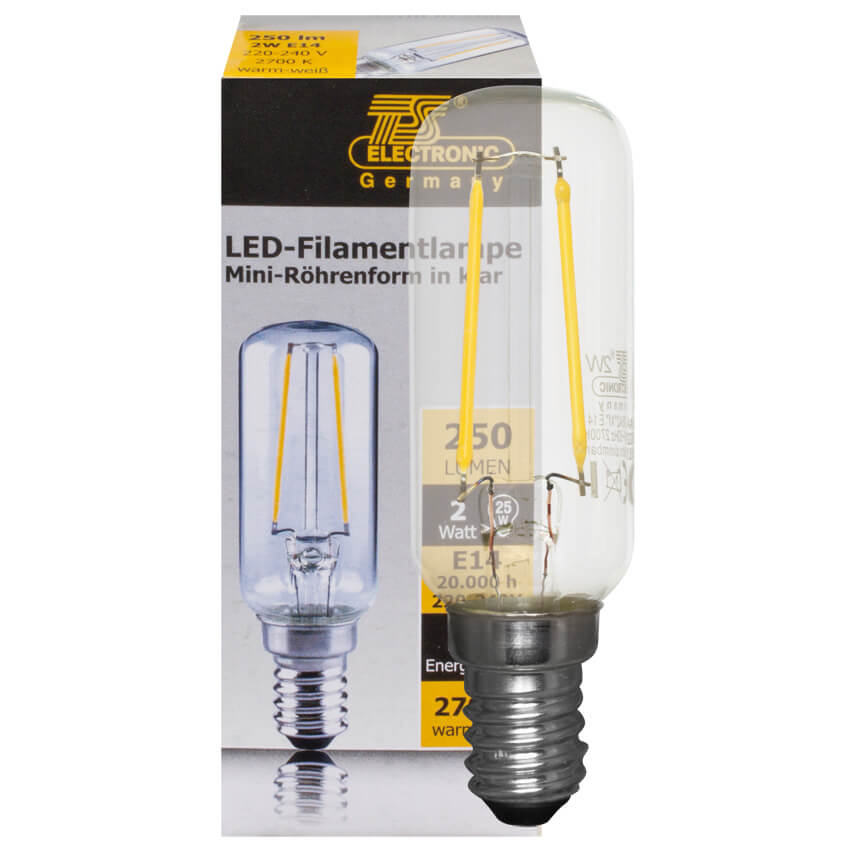LED-Filament-Lampe,  Rhren-Form, klar,  E14/2,5W, 250 lm,  L 85,  25 (T25)