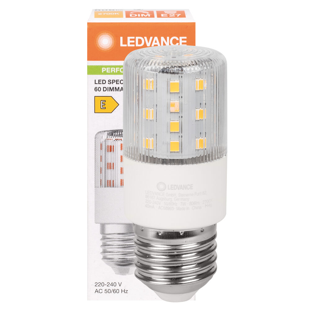 LED-Lampe, LED SPEZIAL T SLIM DIM, Rhren-Form, klar, E27/7,3W (60W), 806 lm, 2700K