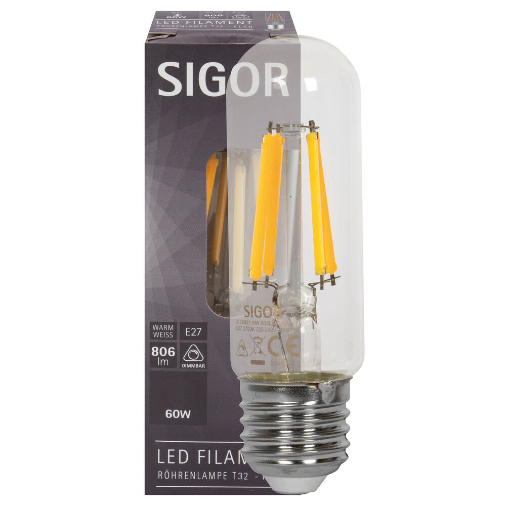 LED-Filament-Lampe, Rhren-Form, klar, E27/6,5W (60W), 806 lm, 2700K