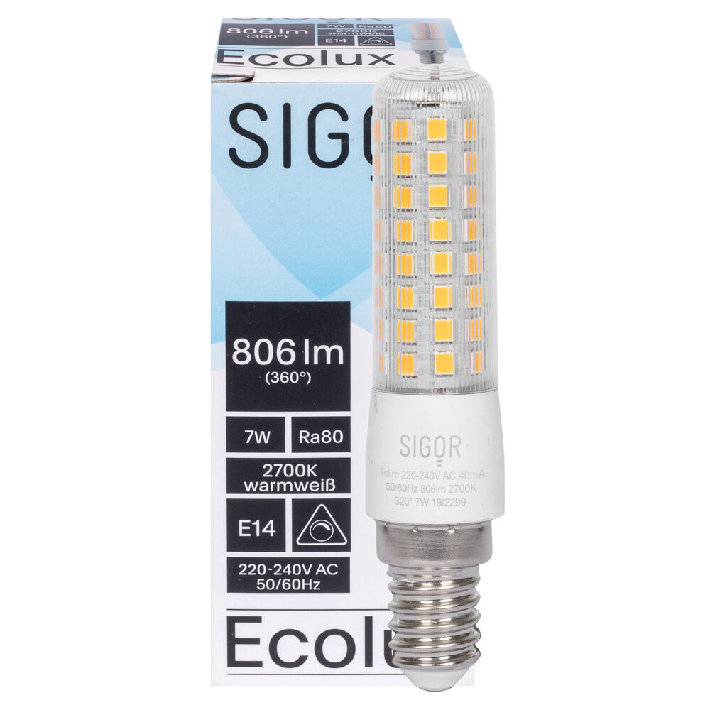 LED-Lampe, ECOLUX, Rhren-Form, klar, E14/7W (60W), 806 lm, 2700K