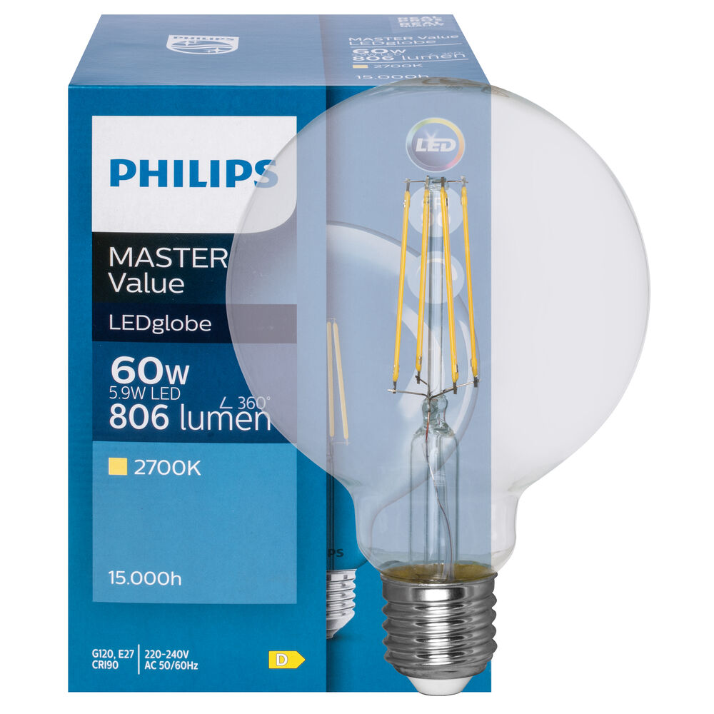 LED-Filament-Lampe, MASTER Value LED bulb, Globe-Form, klar, E27/5,9W, 806 lm, 2700K