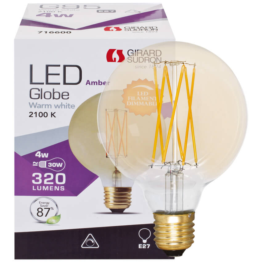 LED-Filament-Lampe,  Globe-Form, amber, E27. 2100K