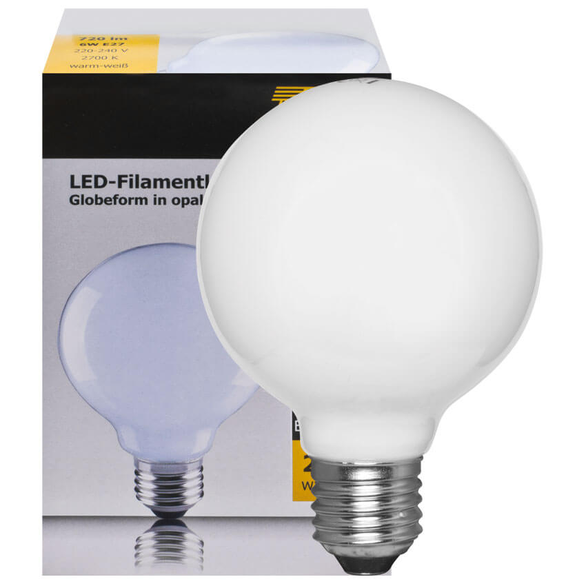 LED-Filament-Lampe,  Globe-Form, opal,  E27, 2700K