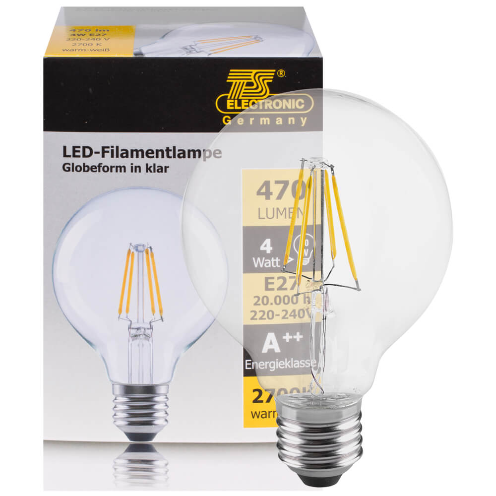 LED-Filament-Lampe,  Globe-Form, klar,  E27, 2700K