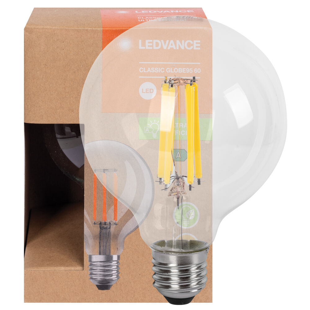 LED-Filament-Lampe, ULTRA EFFICIENT, CLASSIC GLOBE, Globe-Form, klar E27/4W (60W), 840 lm, 3000K